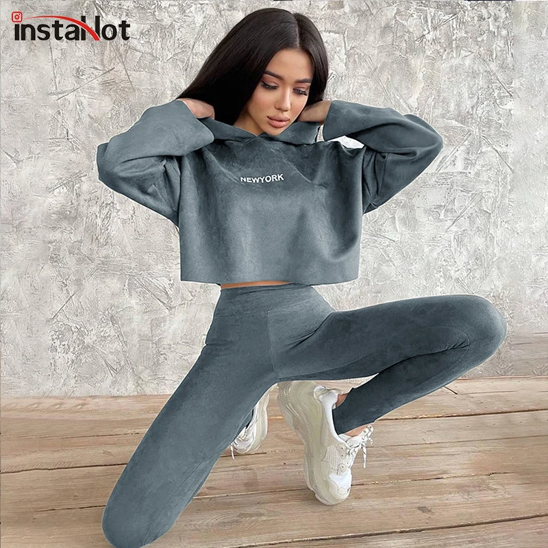 

InstaHot/Повседневный замшевый Женский комплект из двух предметов с капюшоном, толстовки с буквенным принтом и свитшоты, осенняя коллекция 2021 г...