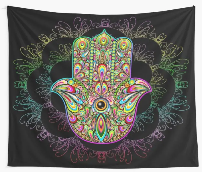 

Hamsa Fatma Hand Psychedelic Amulet Wall Tapestry Cover Beach Towel Throw Blanket Picnic Yoga Mat Home Decoration