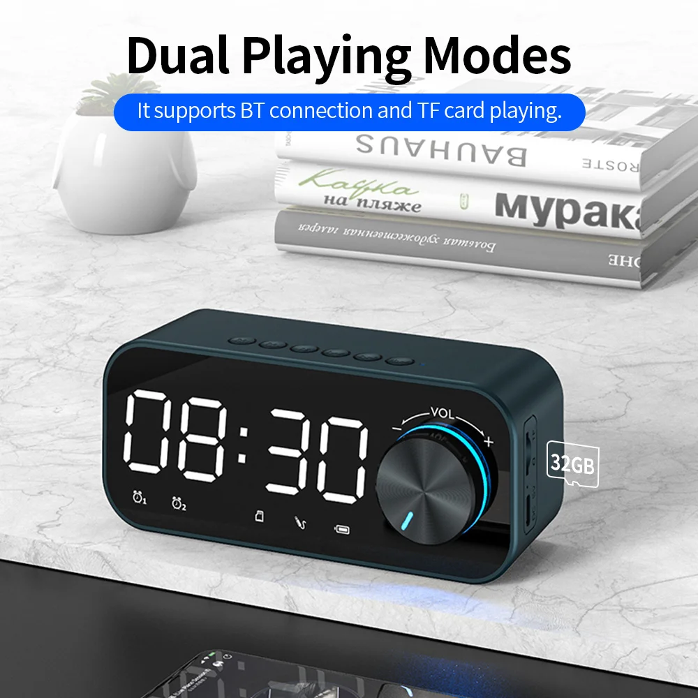 BT 5.0 cabinet speaker LED display night light 3-level adjustable brightness dual alarm volume control button TF Card |