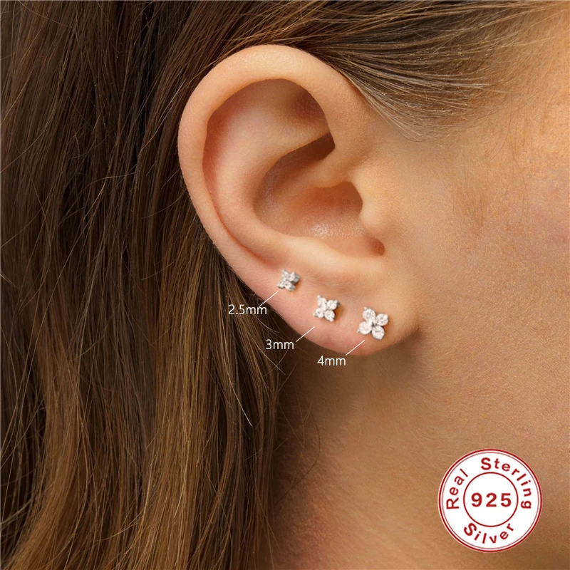 ROXI 925 Sterling Silver Crystal Flower Piercing Stud Earrings 3/4/5mm Small Cartilage Earrings Lovely Zircon Women's Earrings images - 6
