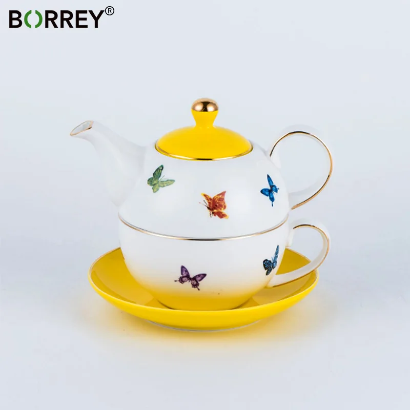

BORREY Ceramic Flower Tea Pot Teacup Saucer Office Afternoon Tea Coffee Cup Dish Friends family Gift Yellow Butterfly Teapot Set