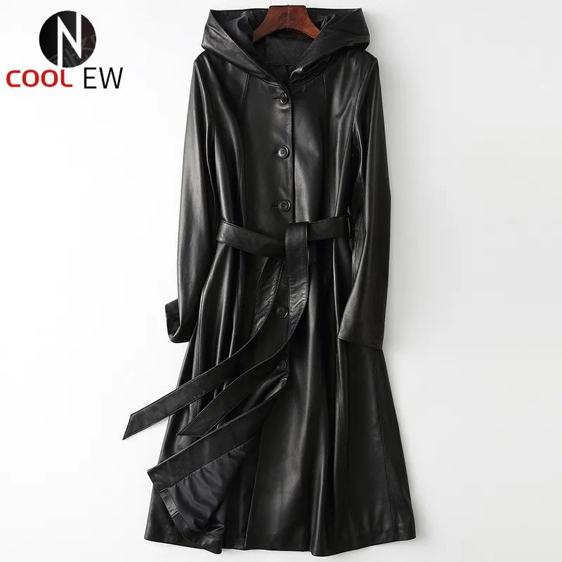 

Autumn Women Genuine Leather Sheepskin Long Coats Hoodie Jacket Ladies Slim Fit Sashes Belt Real Leather Single Breasted Trench