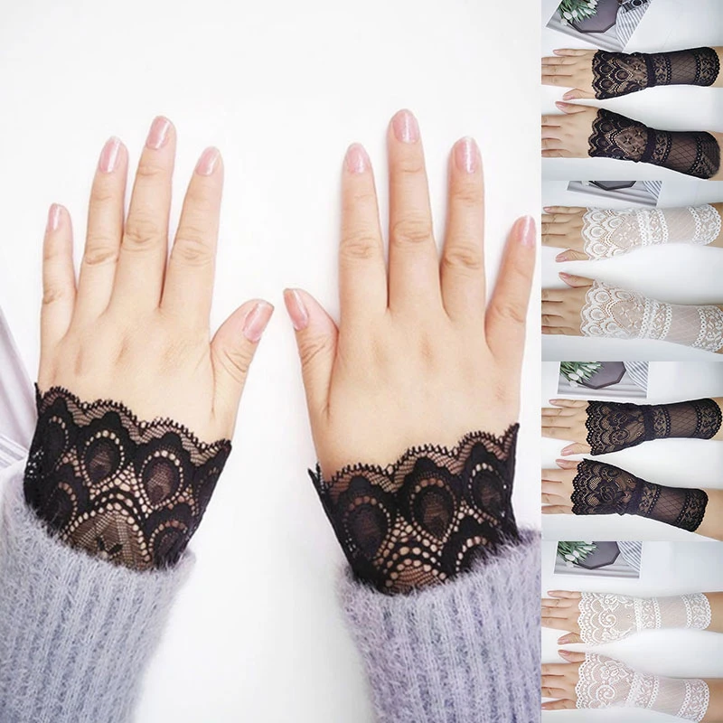 

Korean Women Lace Sleeve Sexy Hollow Wrist Cuffs Black/White Elastic Lady Fingerless Sleeves False Cuffs Decorative Sleeves