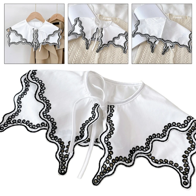 

Women Girls Pointed Lapel Fake Collar Shawl Hollow Out Floral Embroidery Necklace Choker Sweet Bow Short Poncho Capelet