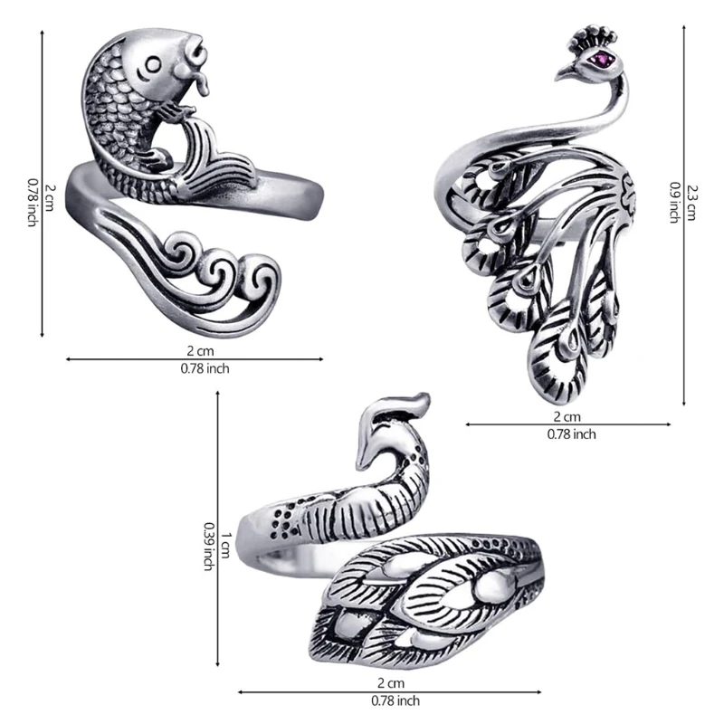 

3Pcs Knitting Loop Crochet Ring Set Adjustable Fish Peacock Braided Rings