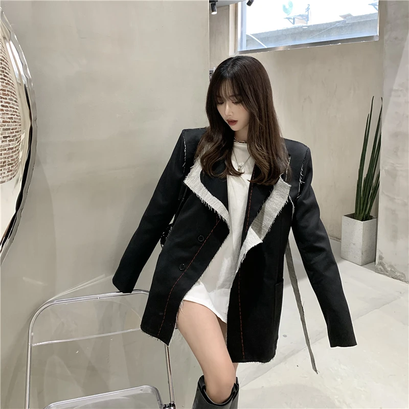 

Women Black Contrast Color Blazer New Lapel Long Sleeve Loose Fit Jacket Fashion Spring Autumn Coat 2021 C076