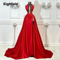 eightale arabic evening dress crystals high neck beaded cut out prom gown high side split red satin celebrity party dress