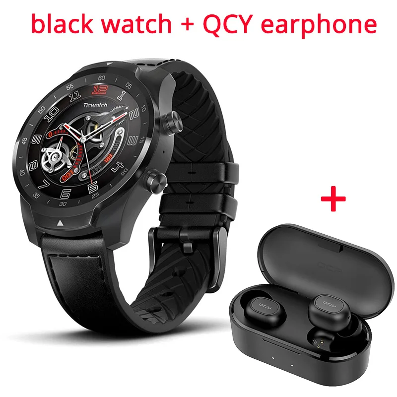 Black add QCY Оригинальные Смарт-часы Ticwatch Pro, NFC, Google Pay, Google Assistant, gps часы, мужские, IP68, многослойный дисплей, долгий режим ожидания - Цвет: Black add QCY