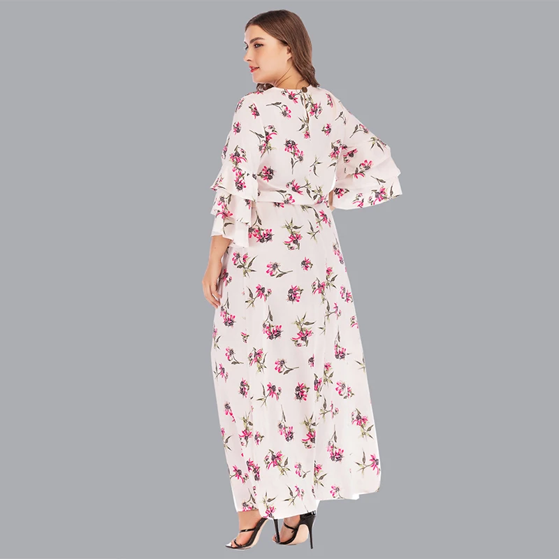 

Latest Muslim Large Size Women's Islamic Turkey Fashion Thin Ruffled Sleeves Printed Dress Dubai African Middle Eastern Dress
