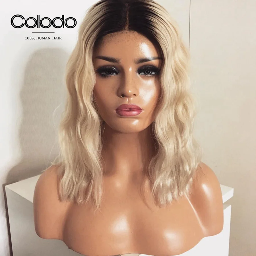 Blonde COLODO короткий Боб Синтетические волосы на кружеве парики 150% плотность эффектом деграде(переход от темного к оранжевый парик блонд, бразильские Волосы remy волнистые человеческие волосы парики для Для женщин - Цвет волос: Blonde