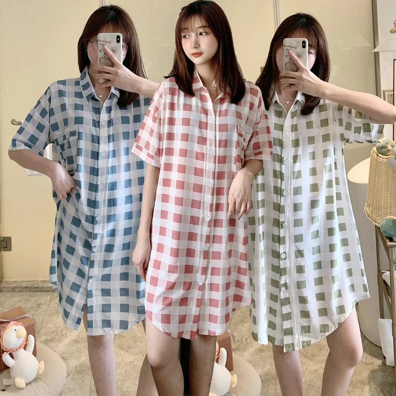 

2020 New Summer Casual Plaid Short Sleeve Cotton Nightgowns for Women Cardigan Home Dress Sleepwear night gown Nightdress Nighty