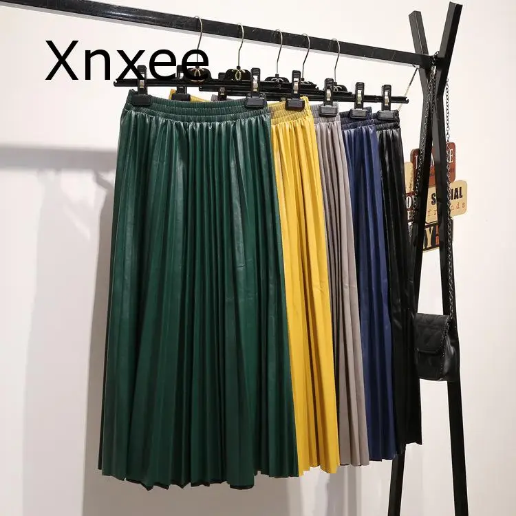 

Осенняя модная новая плиссированная юбка из искусственной кожи, Универсальные женские брюки с высокой эластичной талией