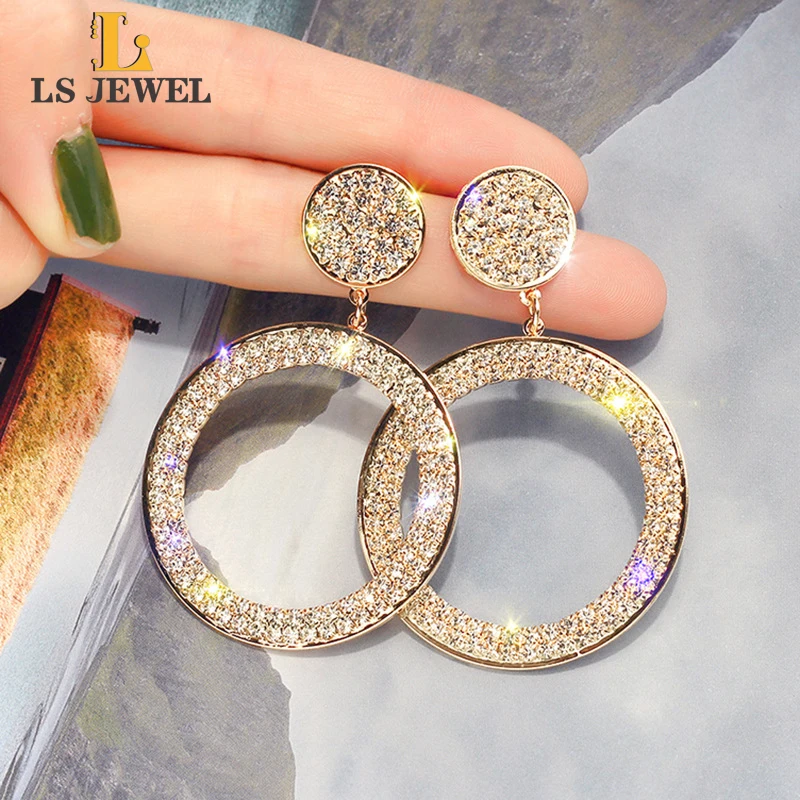 

Большие круглые серьги с бриллиантами золотого и серебряного цвета для женщин, модные ювелирные изделия, крупные Крупные круглые Висячие с...