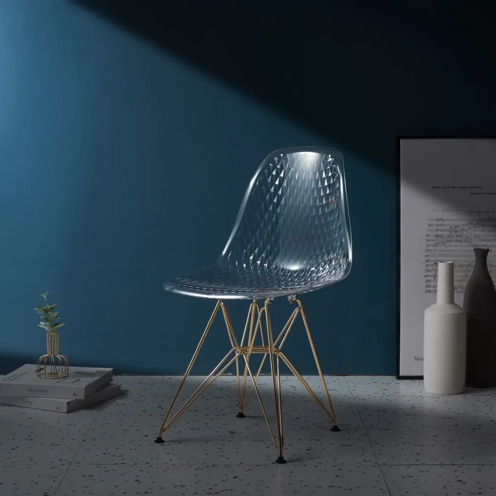 

Furgle Transparent Dining Chair Diamond Designer Side Chair with Golden Metal Eiffel Legs Desk Chair Coffee Chairs Dining Room