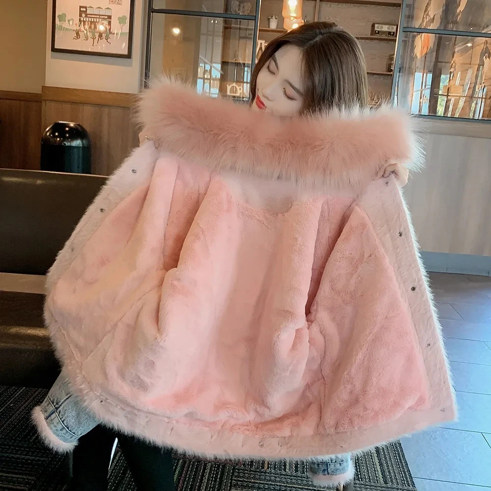 

Super Thick Velvet Winter Jacket Jean Women 2021 Fashion Pocket Loose Fur Collar Denim Coats High Street Warm Korean Clothing