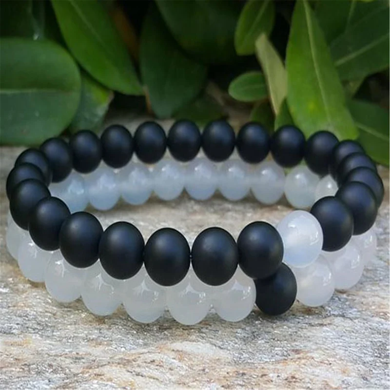 

2pcs 8mm Natural Black & White Agate Handmade Mala Bracelet Healing Ruyi Spirituality Fancy Chakas Lucky