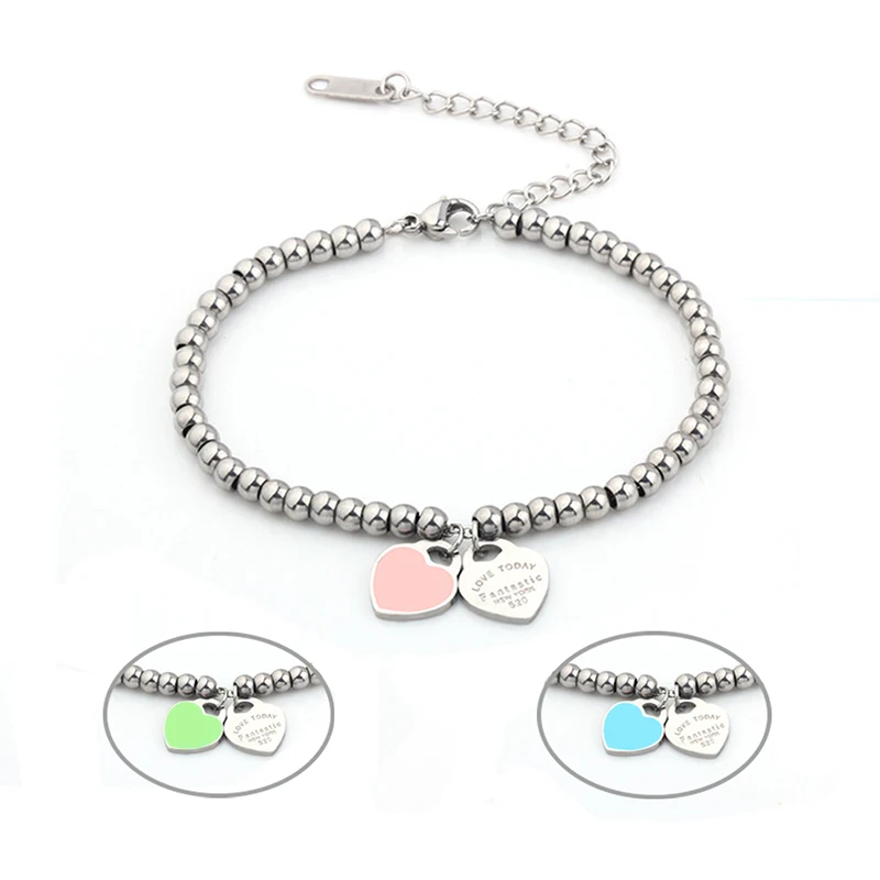 Браслет женский из нержавеющей стали с бусинами в форме сердца | Украшения и