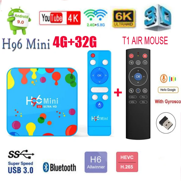H96 мини H6 Android 9 0 ТВ коробка 6k 4 ядра 32 ГБ/128 ГБ медиаплеера 3D H.265 поддерживает bluetooth 5g