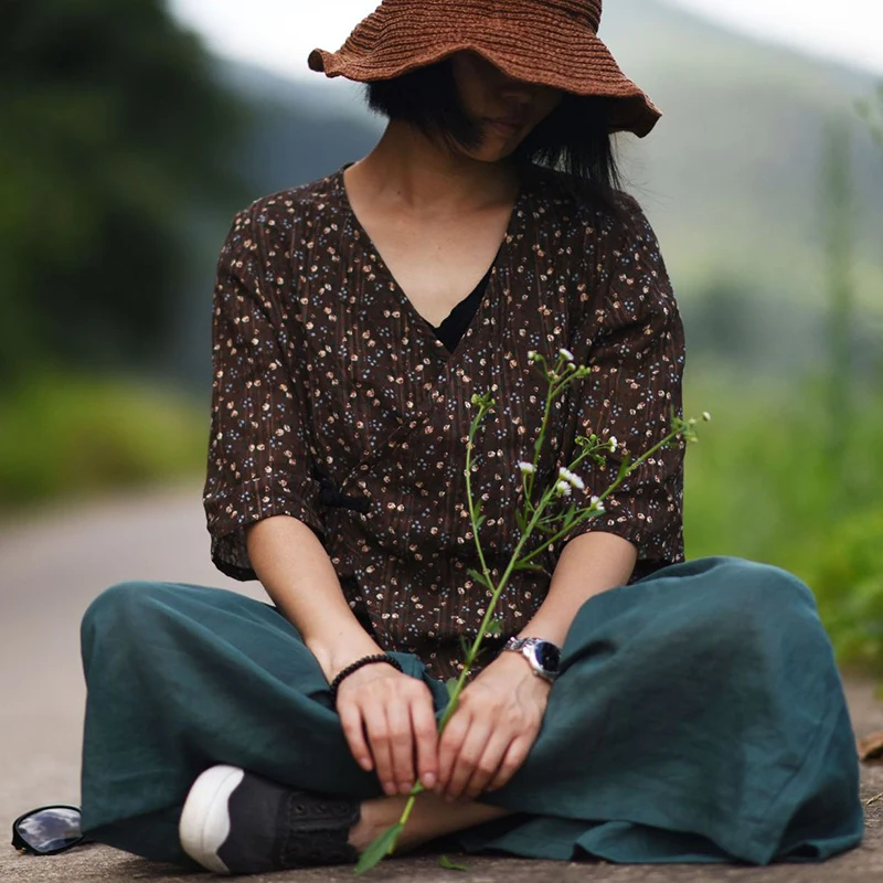 Женские винтажные рубашки с принтом Johnature свободные хлопковые и льняные блузки