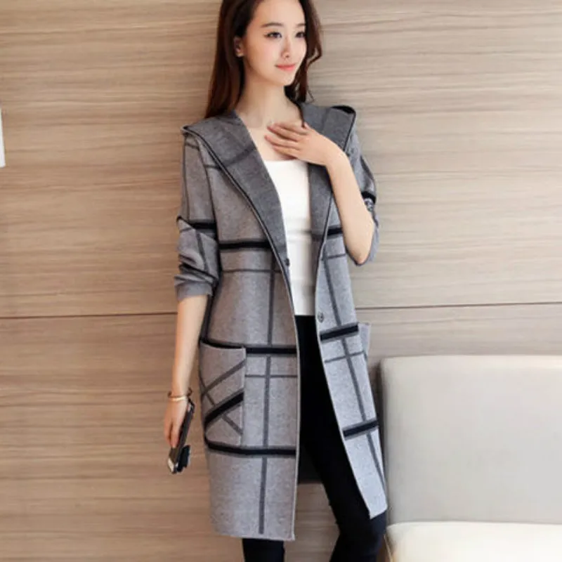 

Plaid Ladies Sweater Cardigan 2020 New Mid-length Knitted Jacket Women Spring and Autumn Outfits
