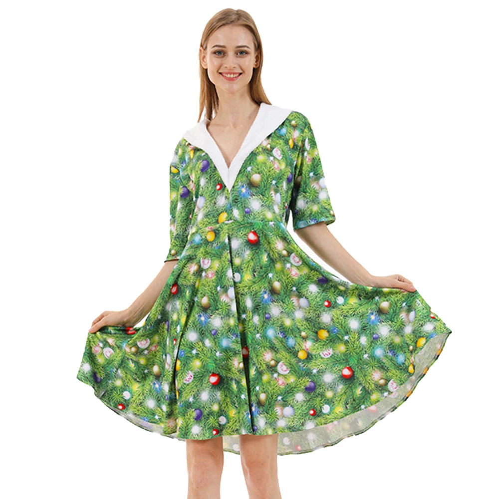 

Snailify Sexy V Neck Christmas Dress For Women Green Xmas Tree Printed Costume New Year Party Fancy Dress Female