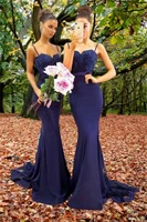 navy blue simple 2021 bridesmaid dresses sweetheart lace appliques mermaid prom party gown beads long maid of honor gowns
