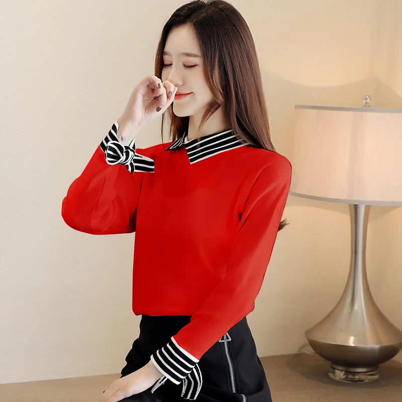 

New Elegant Fashion Women Autumn Winter thick striped pathcwork sweater shirt collar sweater