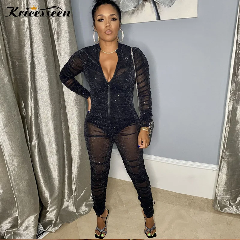 

Kricesseen Sexy Black Mesh See Through Long Pant Jumpsuit New Women Long Sleeve Zipper Bodycon Night Clubwear One Piece Rompers