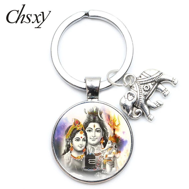 

Ganesha Buddha Elephant Keychain Round Glass Surface Art Pattern Lovers Collection Charm Key Chains Holder Rings Car Bag Jewelry