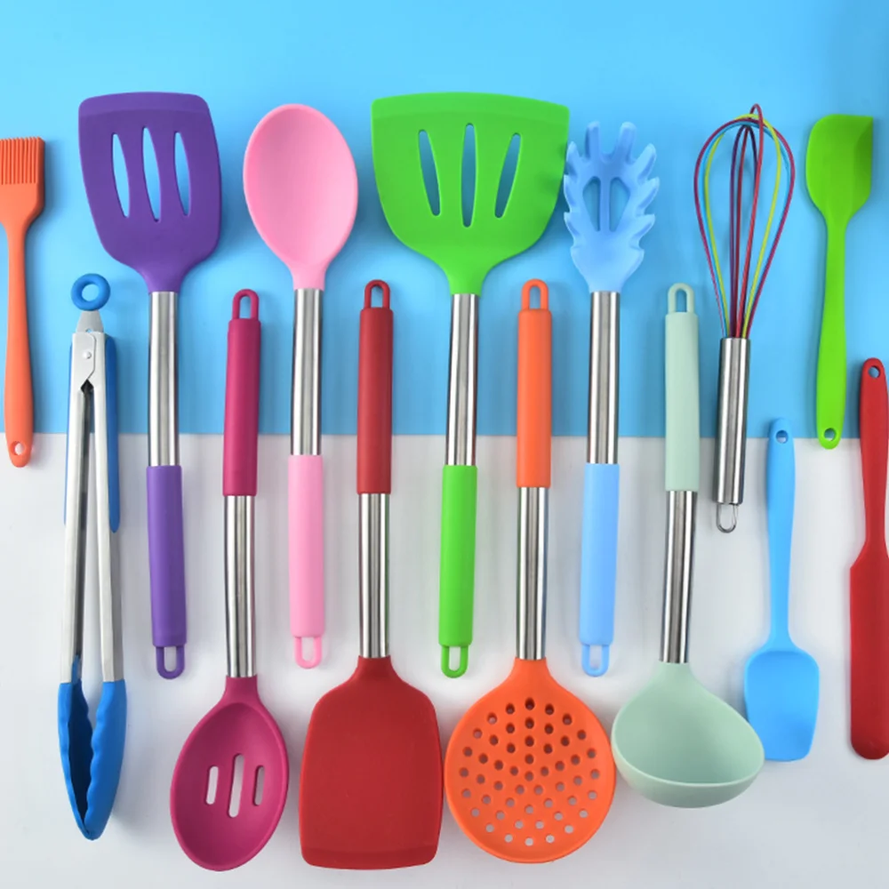 

15Pcs Silicone Cooking Tool Kit Stainless Steel Handle Cookware (Assorted Color)