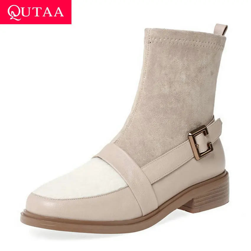 Женские ботильоны из воловьей кожи QUTAA разноцветные флока на среднем каблуке с