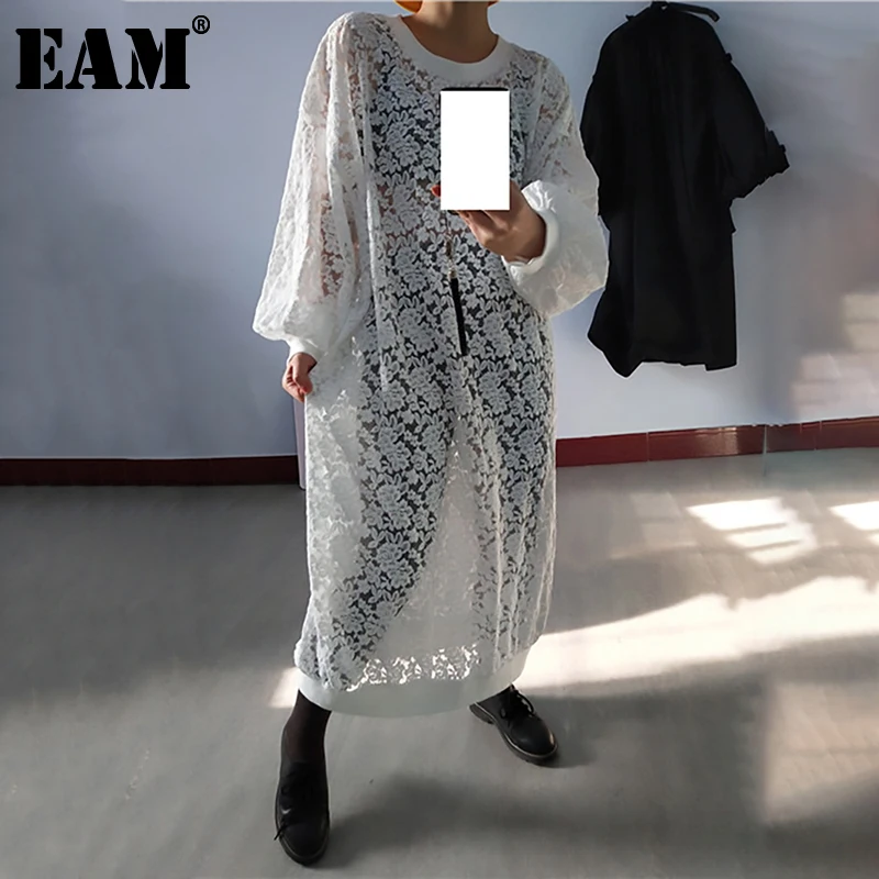 

[EAM] Women White Lace Spit Joint Big Size Long Dress New Round Neck Long Sleeve Loose Fit Fashion Tide Spring Autumn 2021 1N852