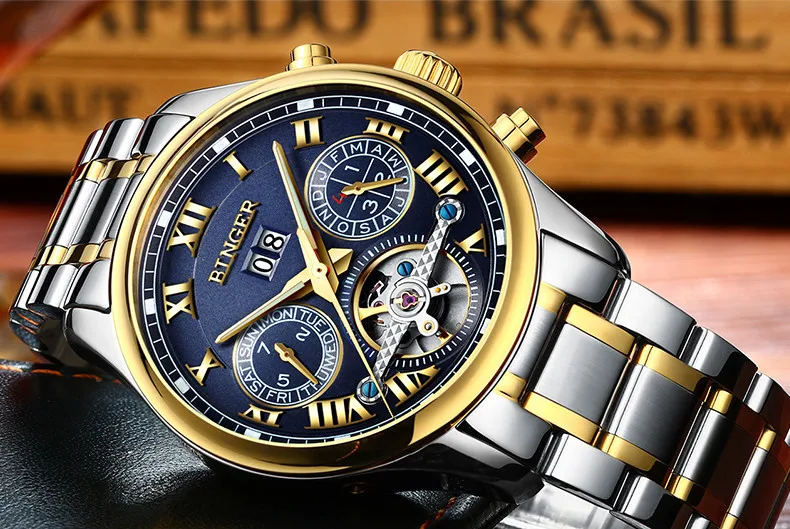 Швейцарские Бингер мужские часы люксовый бренд Tourbillon сапфир светящиеся несколько функций механические наручные часы B8602-7
