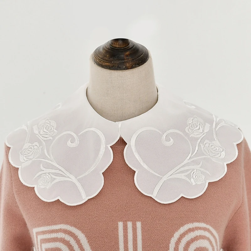 

Korean Style Women Chiffon Detachable Half Shirt Shawl Vintage Rose Floral Embroidery Lapel False Fake Collar Button Dickey M7DD
