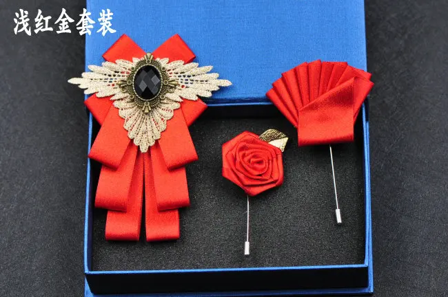 3pcs Bow Tie Set Элегантный мужской и женский деловой Галстук Свадебная вечеринка сплав броши галстук-бабочка Набор Полосатый носовой платок Карманный квадратный ленточка с бантиками - Цвет: 3pcs Bow Tie Set