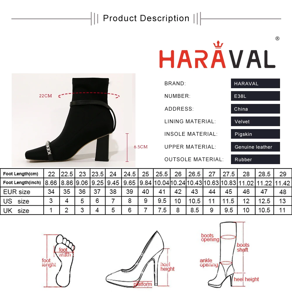 

HARAVAL Ankle Boots Shoes Women Black Sexy Lady Genuine Leather String Bead Stretch Fabric Thick Heels Velvet Women Boot E38L