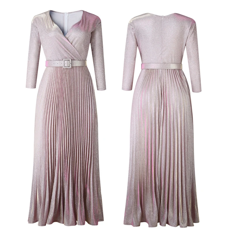 New Elegant Woman Gold Stamping African Dashiki Office Lady Fashion Pleated Evening Dress with Belt Long Sleeve Party Maxi - Цвет: Pink
