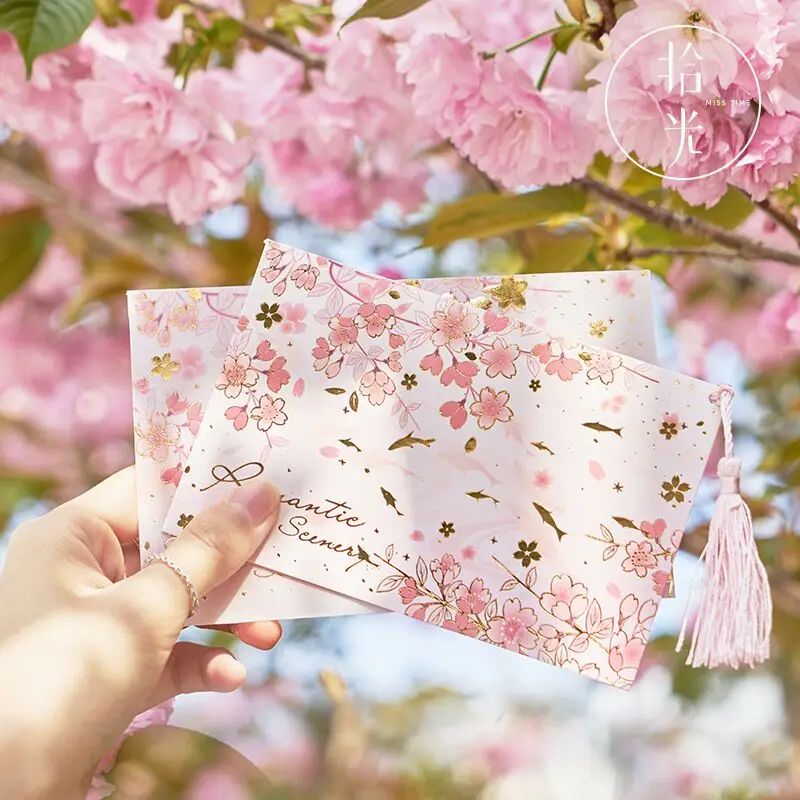 

MINKYS Beautiful 4pcs/lot Sakura And Deer Sulfuric Acid Paper Envelope Greeting Card Set Festival Wish Cards Gift Stationery