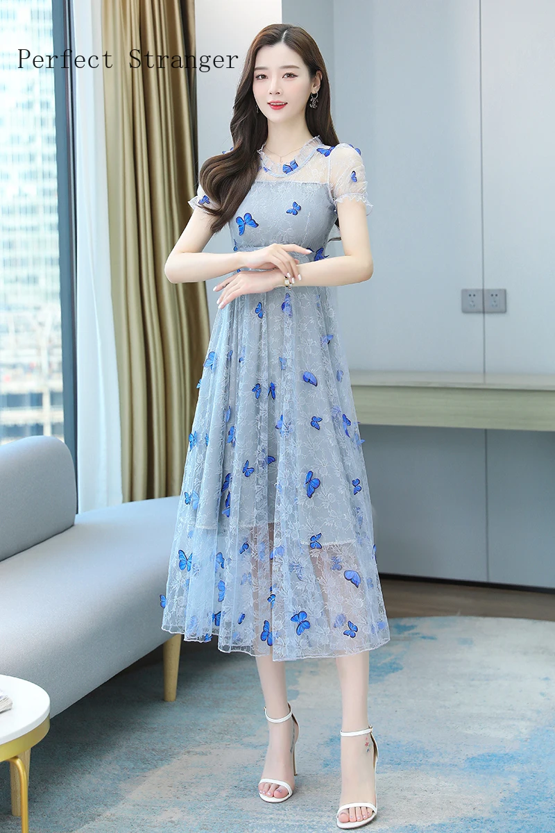 

2021 Summer New Arrival Plus Size High Quality M-3XL Stand Collar Butterfly Decorated Women Dress Long Chiffon Dress
