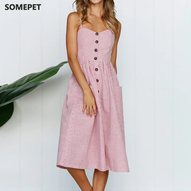 

Fashion Sexy Women Sleeveless Backelss Summer Dress Black White Casual Dress Spaghetti Strap Dresses Button midi Sundress