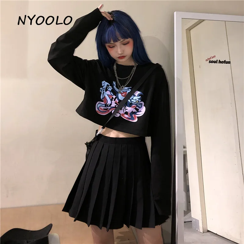 NYOOLO Harajuku стиль spoof мультфильм печати футболка осень уличная свободная o-образным вырезом с длинным рукавом Футболка женская мужская одежда Топ