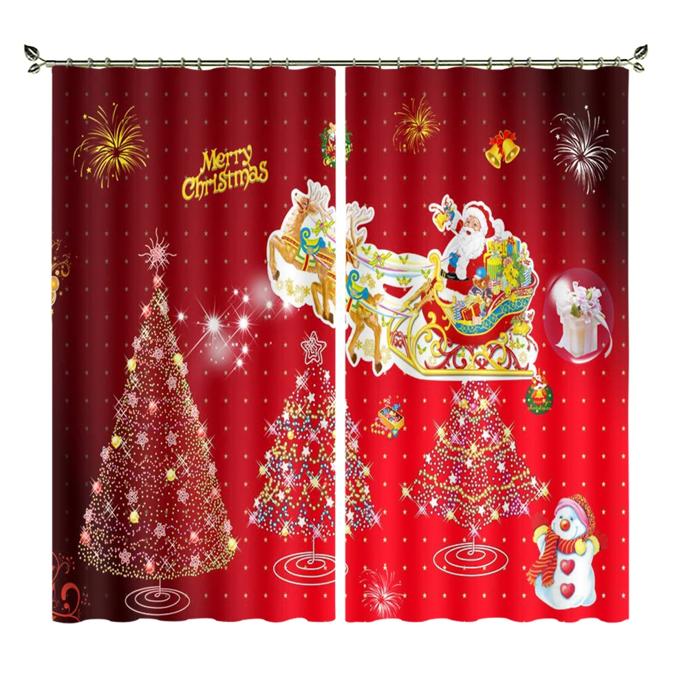 

Red Background Santa Claus And Christmas Tree Export Products Blackout Heat Insulation Curtains Suitable For Bedroom Christmas