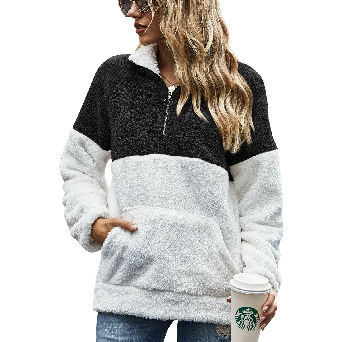 

Donsignet Women's Sweater Fashion Spring and Autumn Temperament Pocket Knitted Long Sleeves Stand-up Collar Pull-dye Stitching