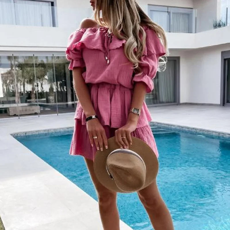 

Elegant Women Butterfly Sleeve High Waist Dress Summer Slash Neck Ruffles Solid Dress Casual Mini Dress Hollow Out Party Wear