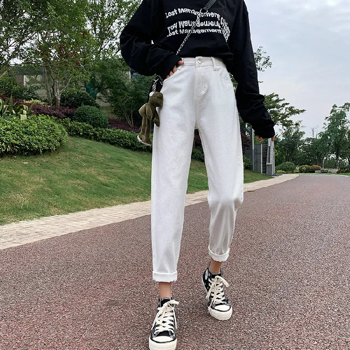 

2021 Woman Elastic High Waist Plus Size Denim Pants Boyfriend Washed Cotton Loose Baggy Jeans White Cheap Trousers