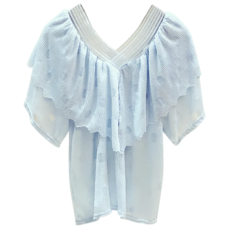 

Ruffled Lace V-neck Blouses Femme Short Sleeve Shirt for Women 2021 Summer New Korean Style Casual Loose Tops Blusas