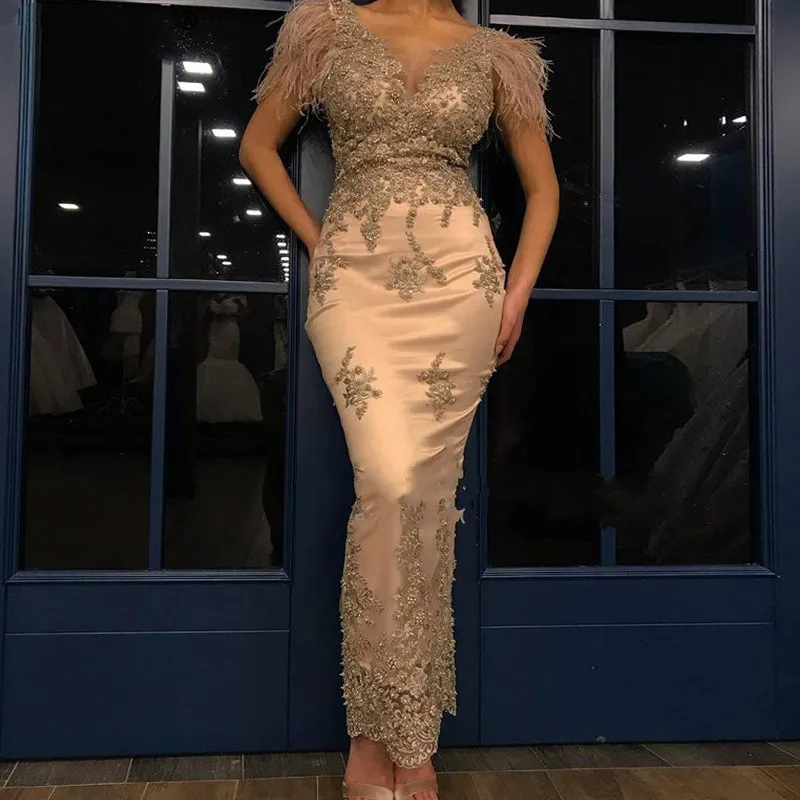 

Gold Evening Dresses Feather Mermaid Appliques Party Dresses Women Evening Customized Big Size abendkleider 2021