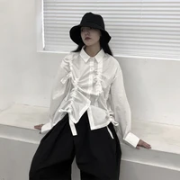 autumn ladies new square collar solid color drawstring design feeling irregular pleated thin long sleeve blouse