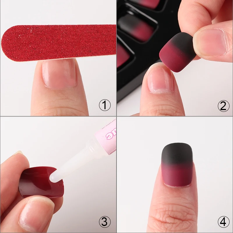 Черный красный градиент матовые поддельные ногти накладные гелевые