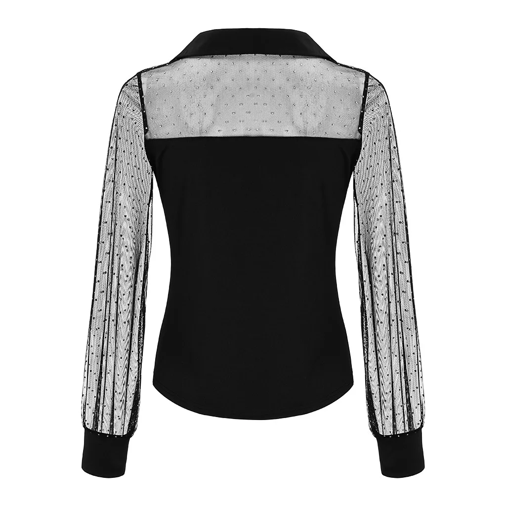 WOMAIL Black Ladies Lapel Bloused 2020 New Casual Long Sleeve Polka Dot Mesh Splicing Top Spring Summer Slim Tops Shirt 20Jan03 |